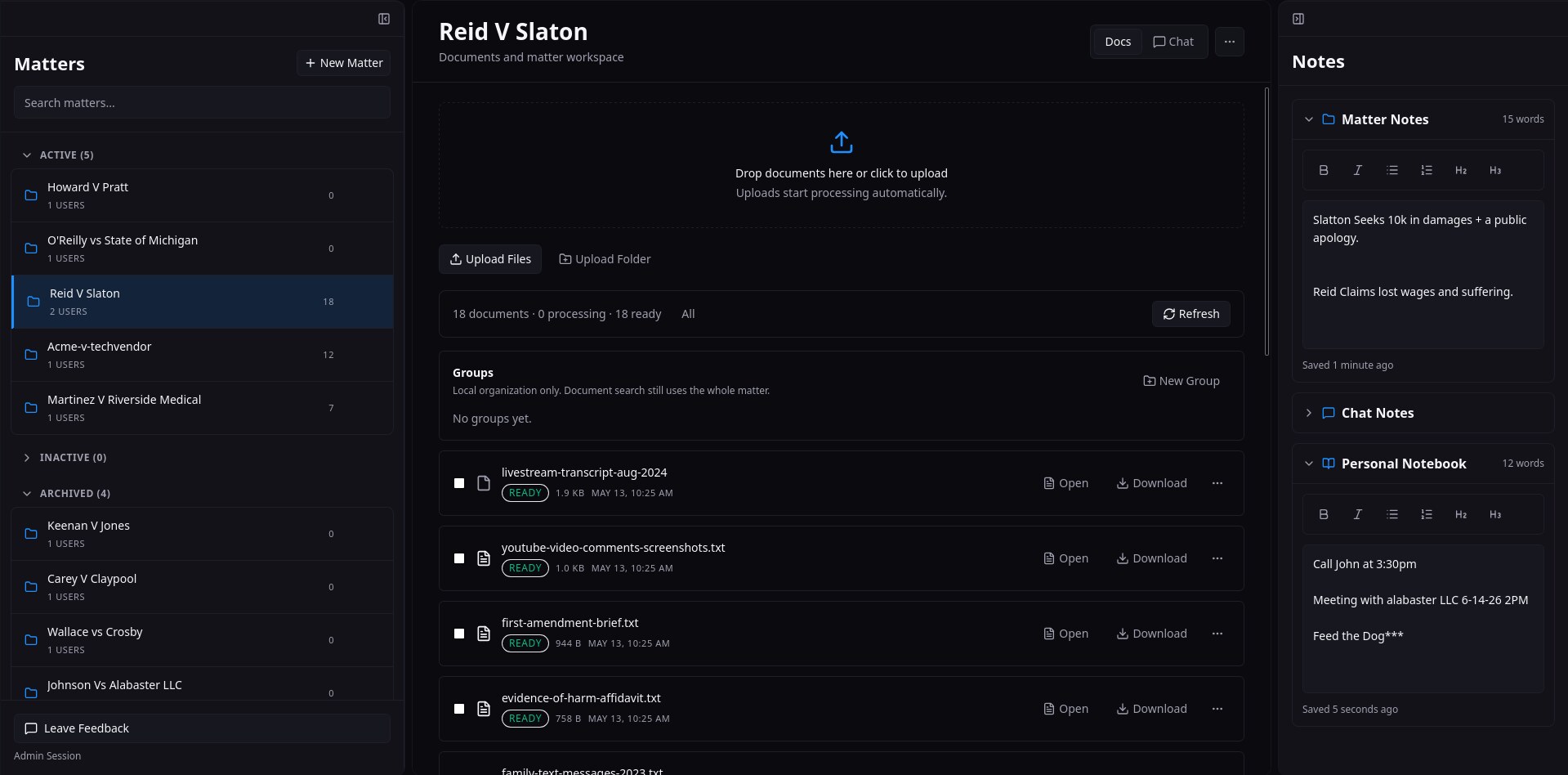 Current Cedarlock Lex beta interface showing matters, document upload, document list, and notes
